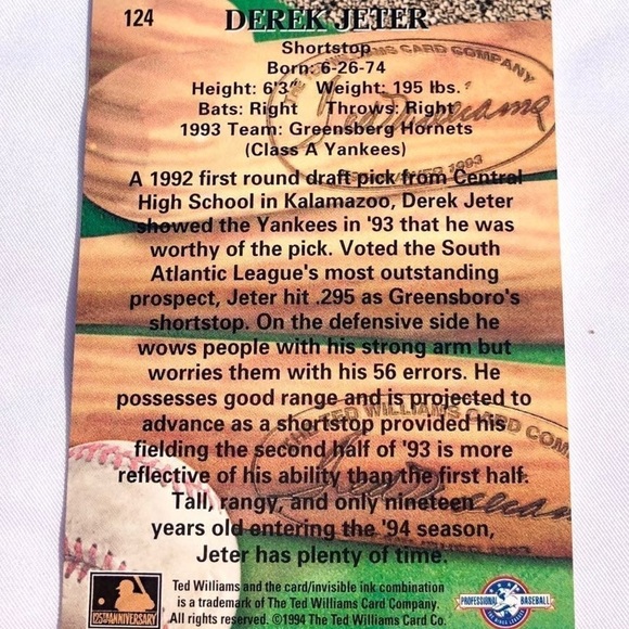 1994 Derek Jeter in his Hornets Jersey Card by the Ted Williams Card Company. - Picture 6 of 12